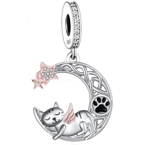 Kitty & Crescent Moon Dangle Charm | RGP CZ EN