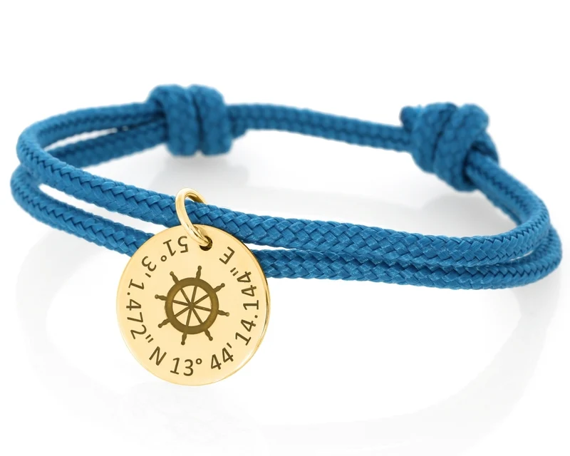 Segelseil Armband blau Steuerrad maritim mit Gravur vergoldet