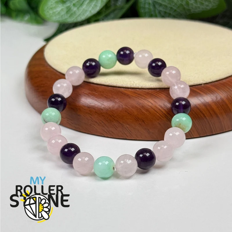 Lebensweg-Armband 33 – Rosenquarz, Amethyst & Chrysopras