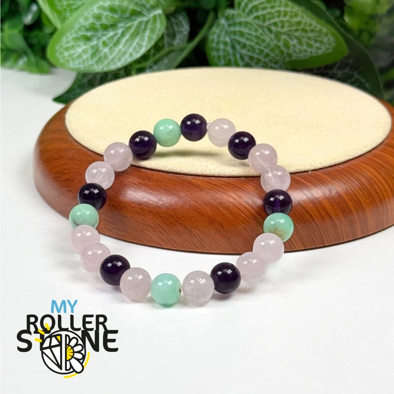 Lebensweg-Armband 33 – Rosenquarz, Amethyst & Chrysopras