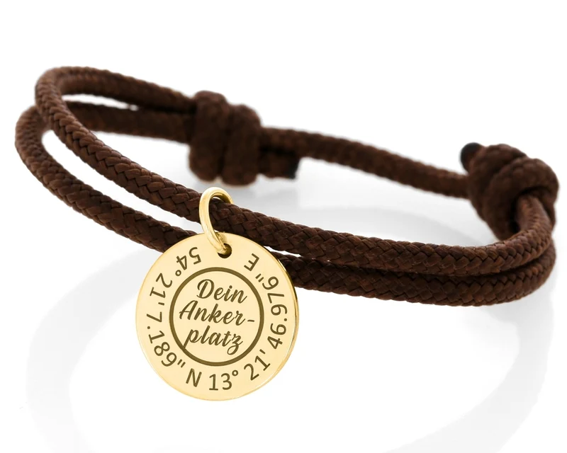Koordinaten Schmuck 3mm Segelseil Armband dunkel braun mit Gravur hochwertig vergoldet