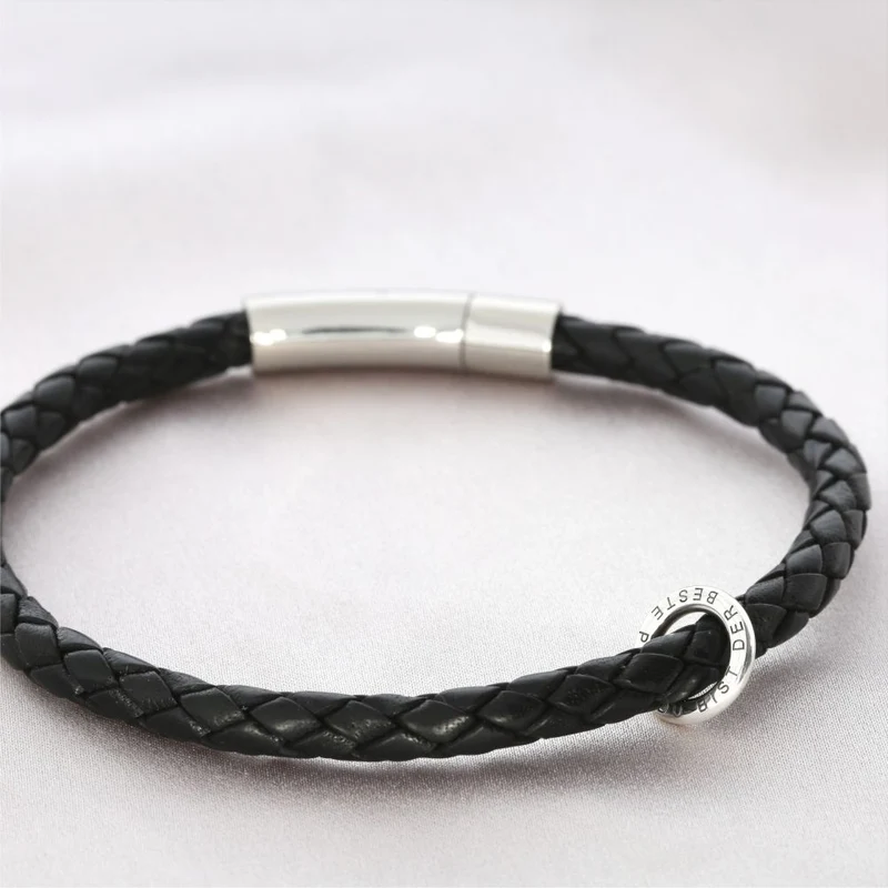 Lederarmband Herren mit graviertem Ring Herrenarmband Gravur Schwarz Silber