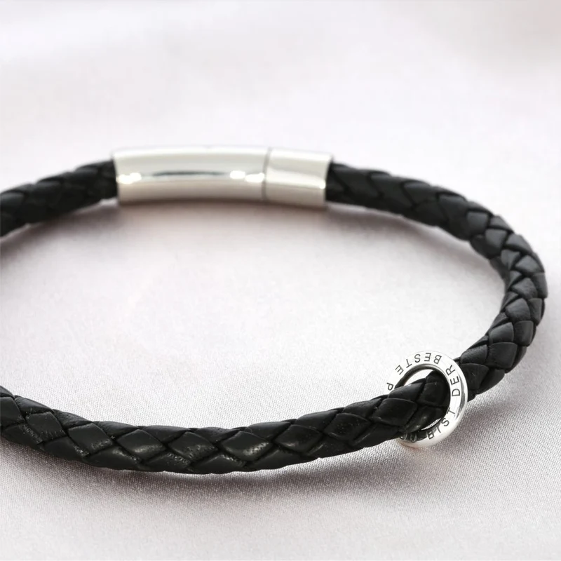 Lederarmband Herren mit graviertem Ring Herrenarmband Gravur Schwarz Silber