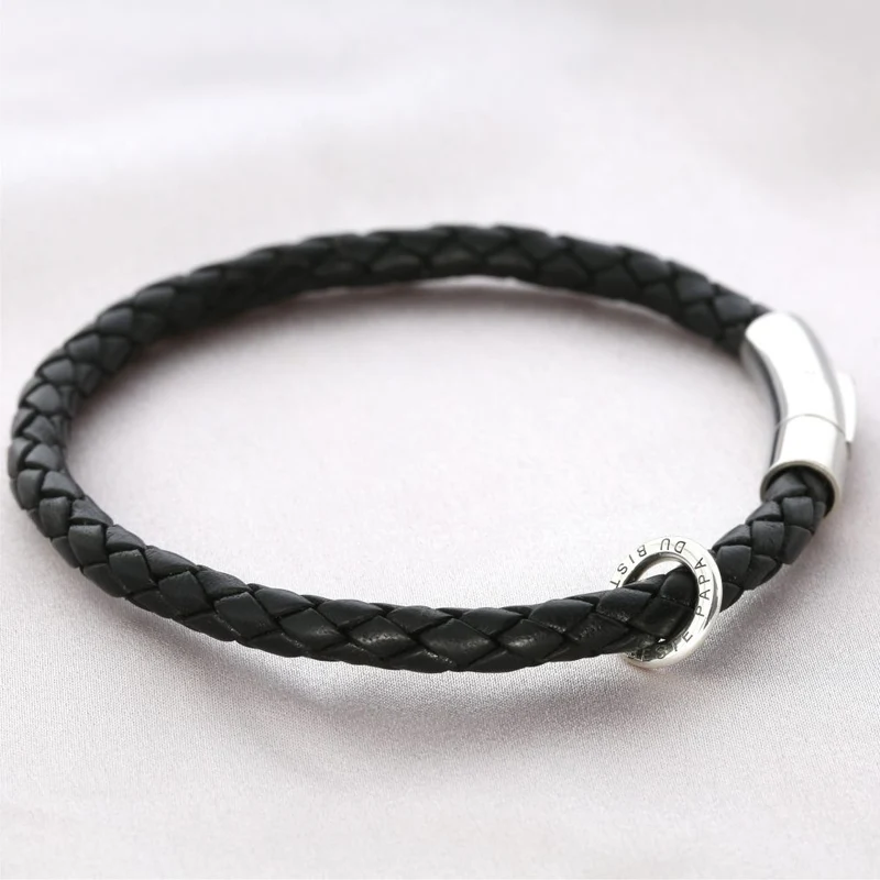 Lederarmband Herren mit graviertem Ring Herrenarmband Gravur Schwarz Silber