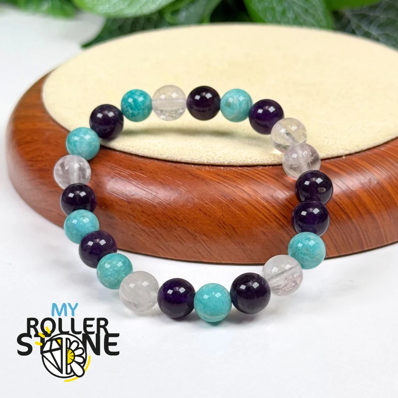 Armband Lebensweg 9 – Amethyst, Amazonit & Rosenquarz
