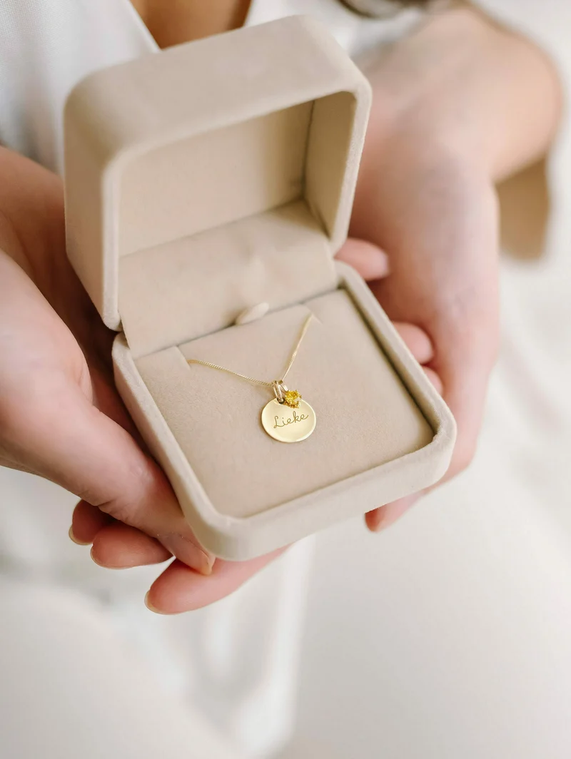 9k Geboortesteen Coin Ketting - Gepersonaliseerde Ketting - 16mm