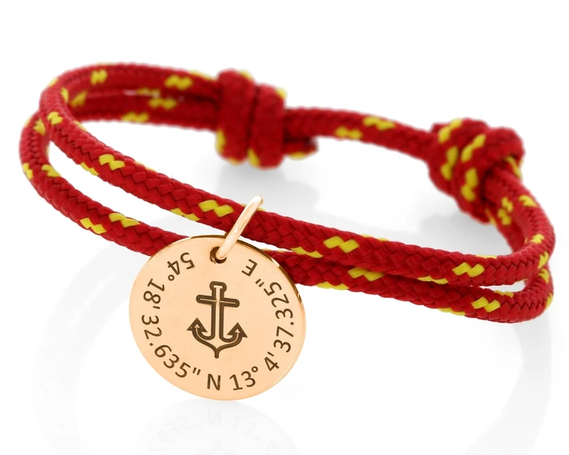 Segelseil Armband rot gelb Gravur Anker Anhänger rosé vergoldet