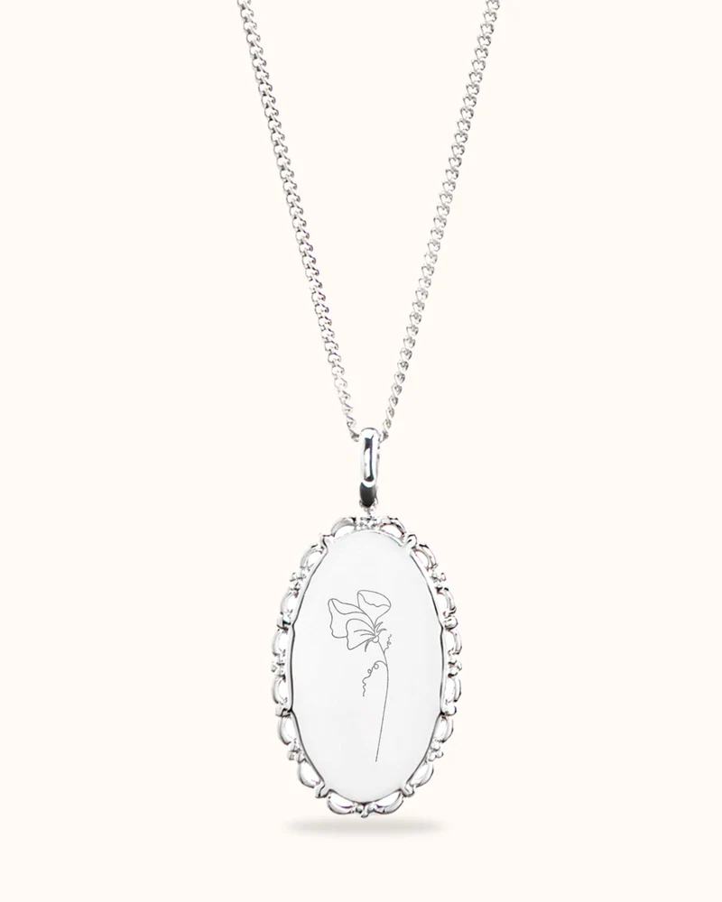 Geboortebloem Boeket Vintage Oval Ketting - Zilver - Gepersonaliseerde ketting