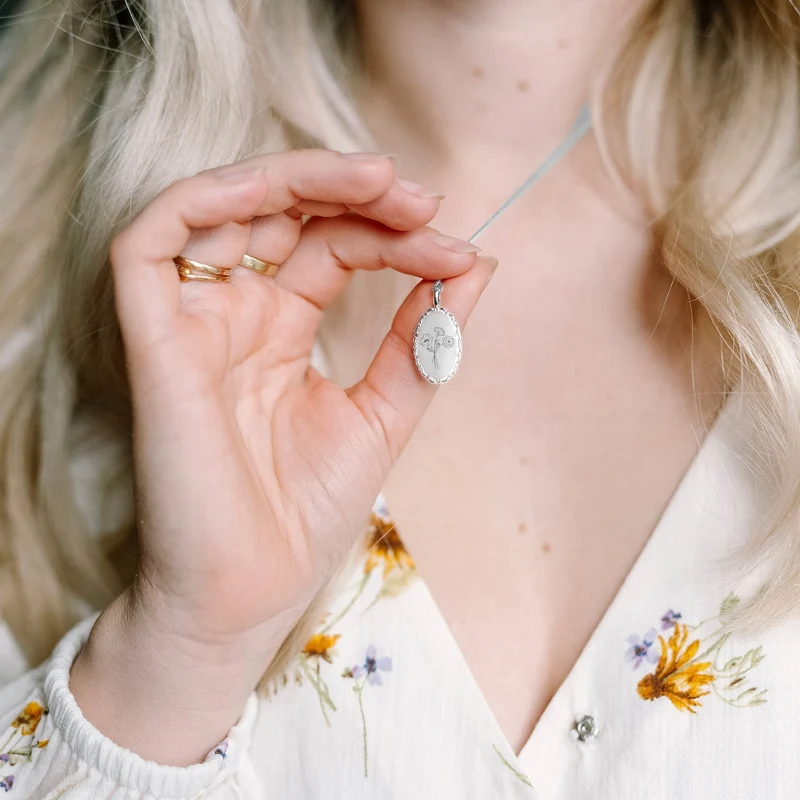 Geboortebloem Boeket Vintage Oval Ketting - Zilver - Gepersonaliseerde ketting