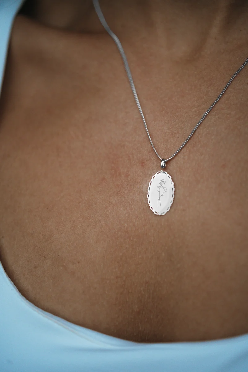 Geboortebloem Boeket Vintage Oval Ketting - Zilver - Gepersonaliseerde ketting