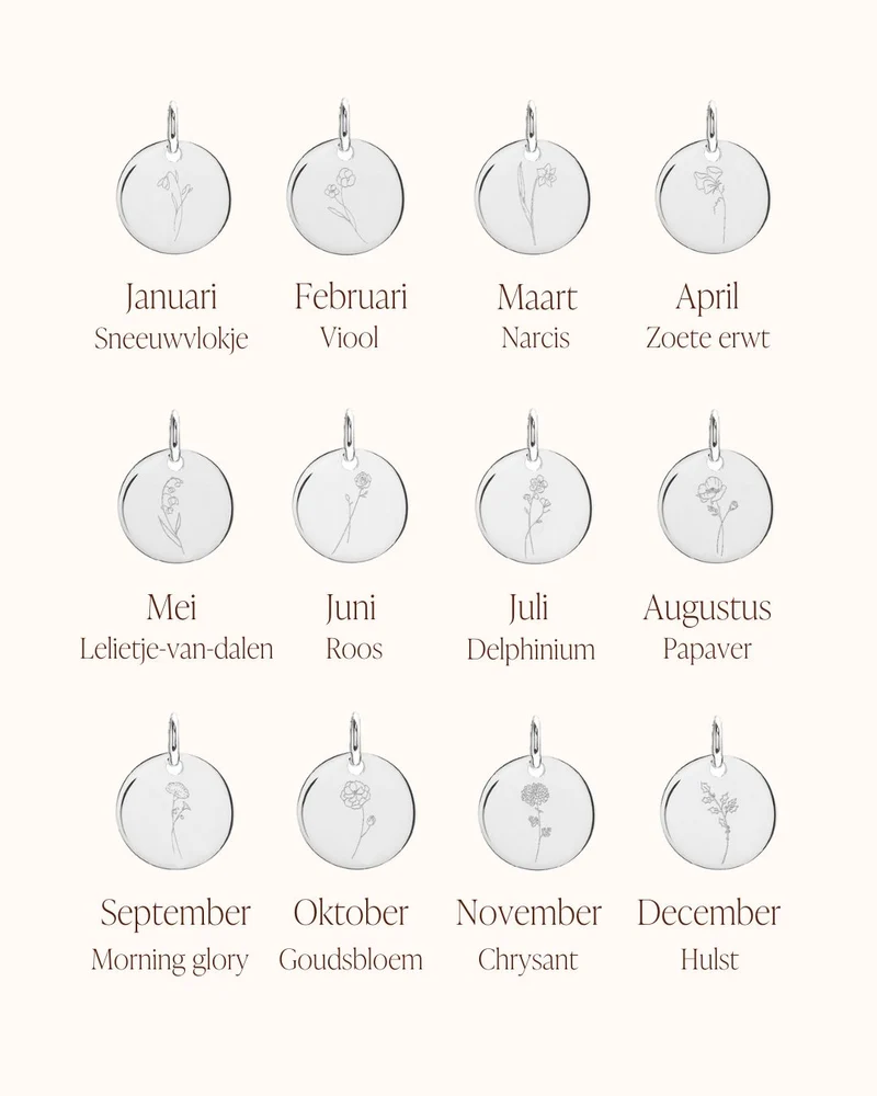 Geboortebloem Boeket Vintage Oval Ketting - Zilver - Gepersonaliseerde ketting