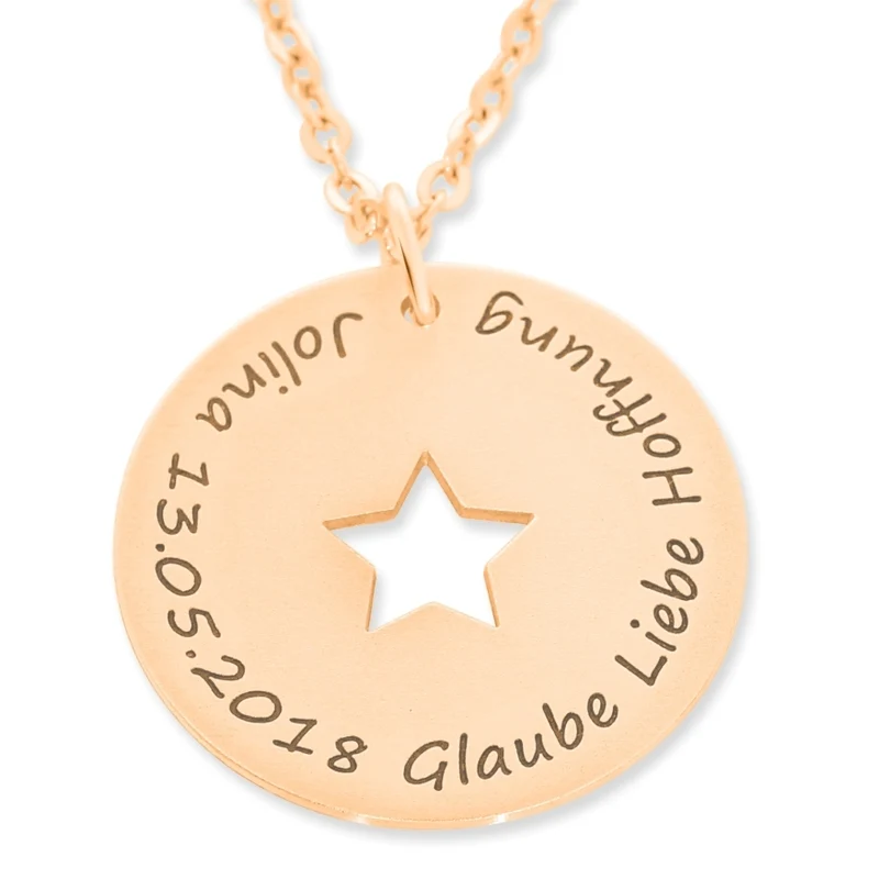 DAMENSCHMUCK ROSÉ GOLD KETTE MIT GRAVUR NAMENSKETTE STERNENKIND SCHMUCK PERSONALISIERBAR