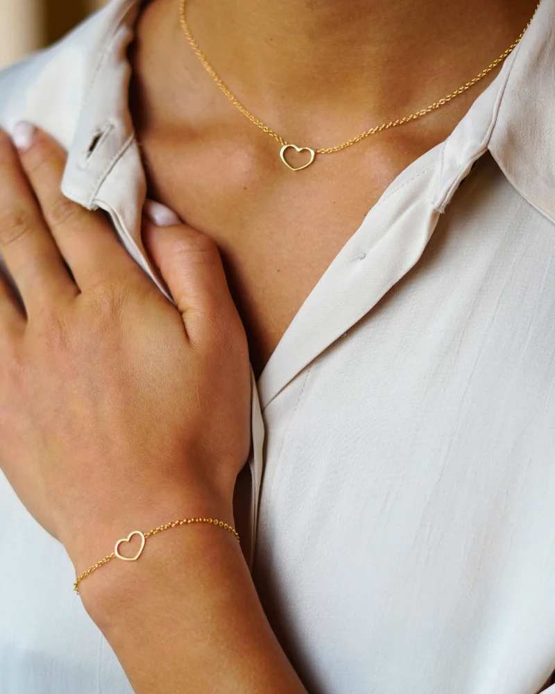 Voordeelset 9k Mini Open Heart Armband en 9k Mini Open Heart Ketting - 9k - Gepersonaliseerde sieraden