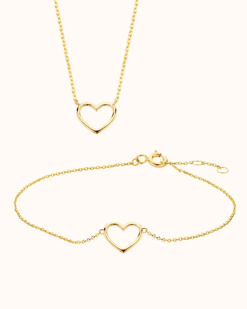 Voordeelset 9k Mini Open Heart Armband en 9k Mini Open Heart Ketting - 9k - Gepersonaliseerde sieraden
