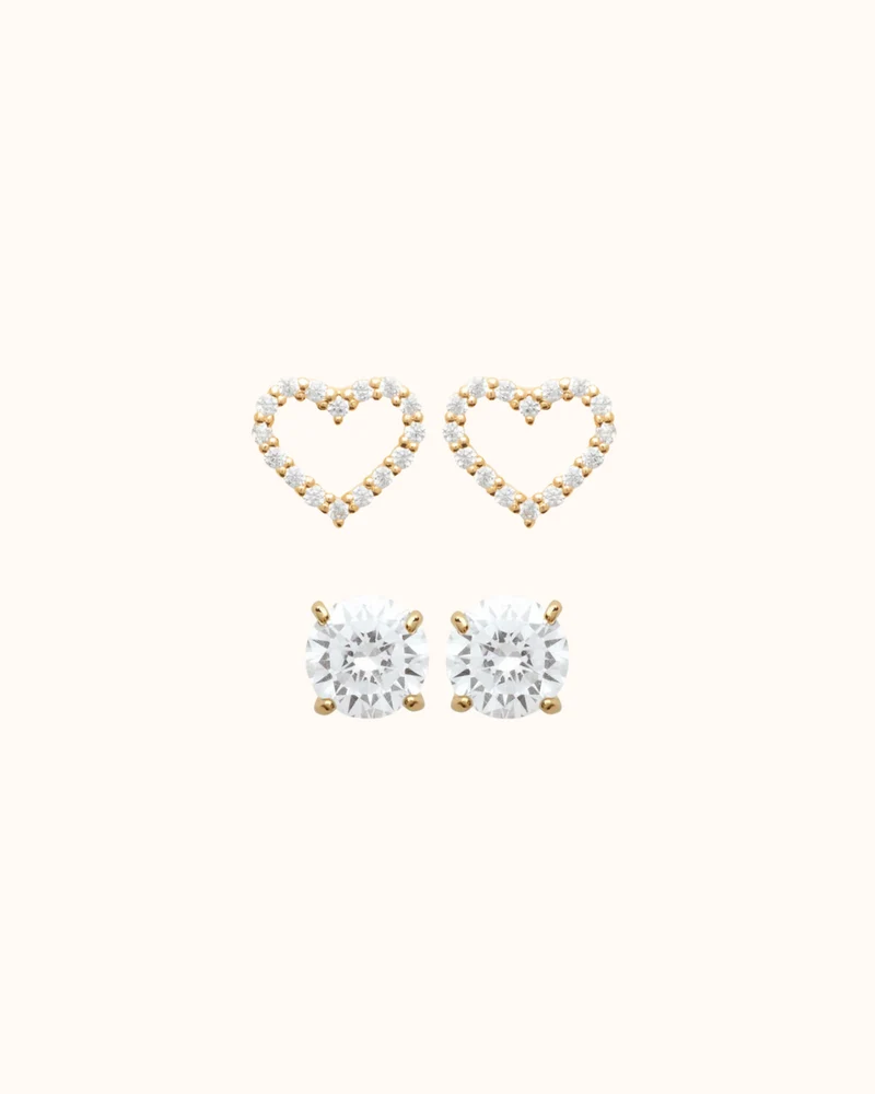 Voordeelset Sparkle Studs en Heart Oorknopjes - Verguld - Gepersonaliseerde sieraden
