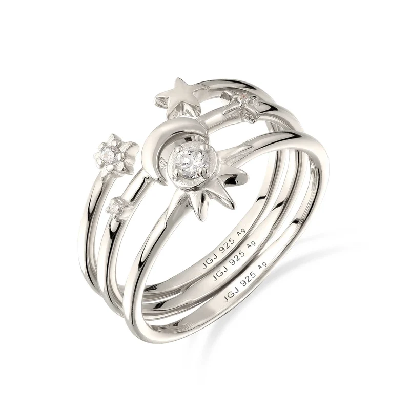 Ringset mit Mond Sonne Stern | Zirkonia (Weiß)