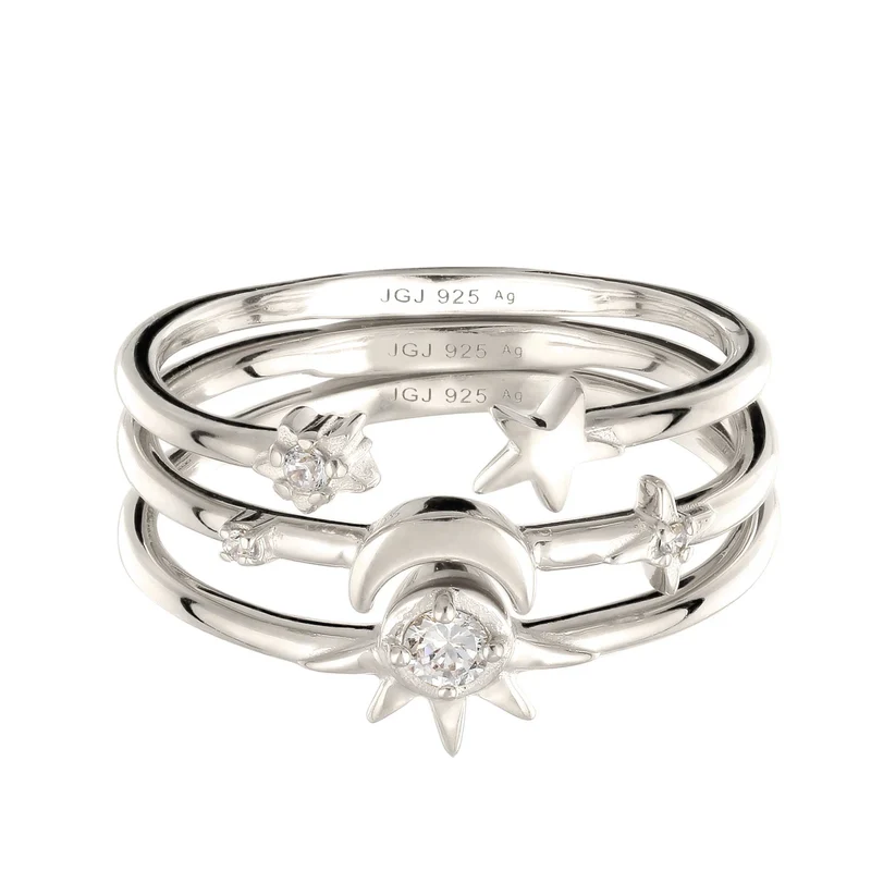 Ringset mit Mond Sonne Stern | Zirkonia (Weiß)