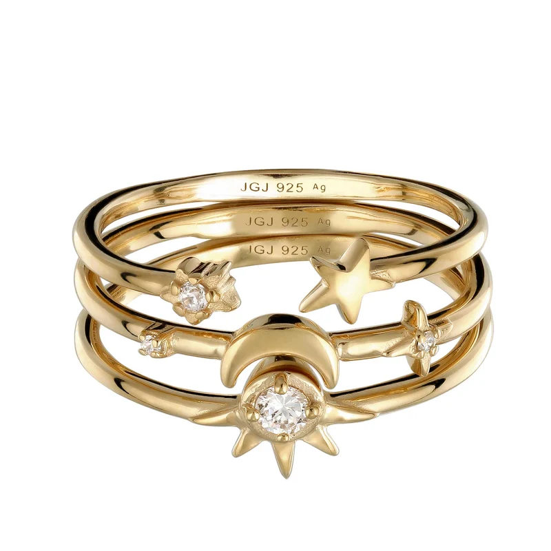 Ringset mit Mond Sonne Stern | Zirkonia (Weiß)