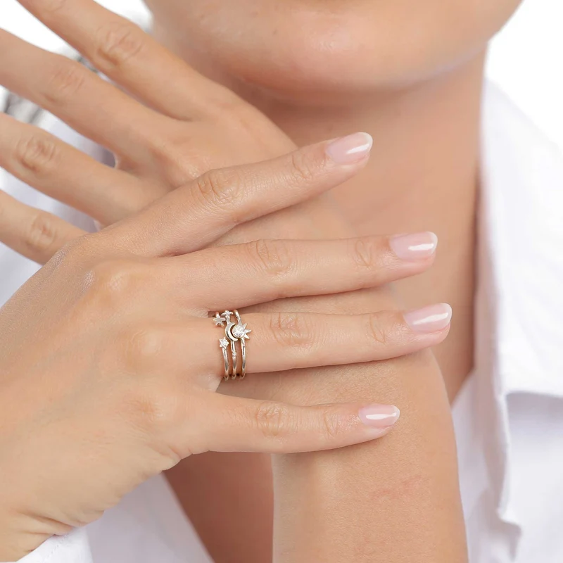Ringset mit Mond Sonne Stern | Zirkonia (Weiß)