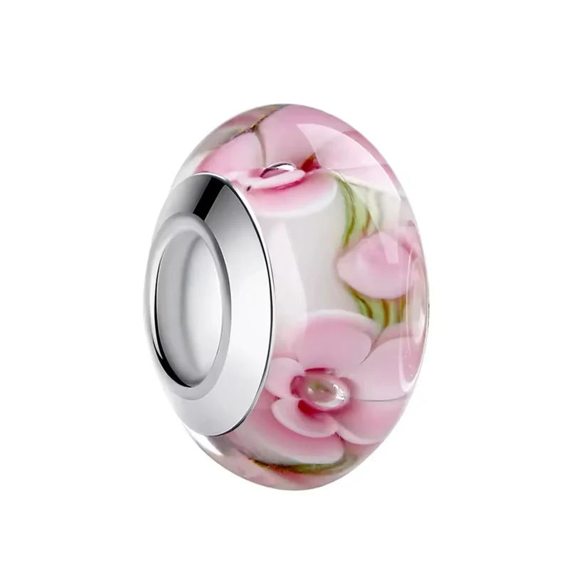 Pink Floral European Murano Glass Charm