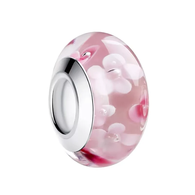 Floral Pink European Murano Glass Charm