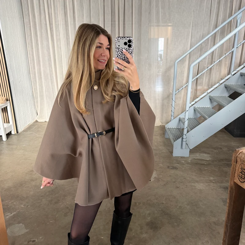 Langarm Poncho De Luxe - Taupe (inkl. Gürtel)