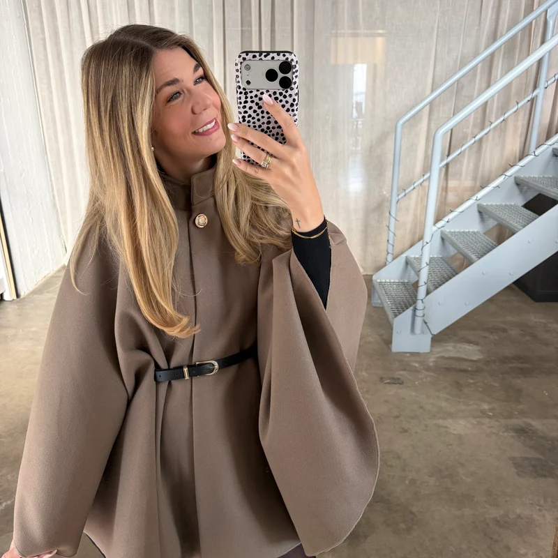 Langarm Poncho De Luxe - Taupe (inkl. Gürtel)