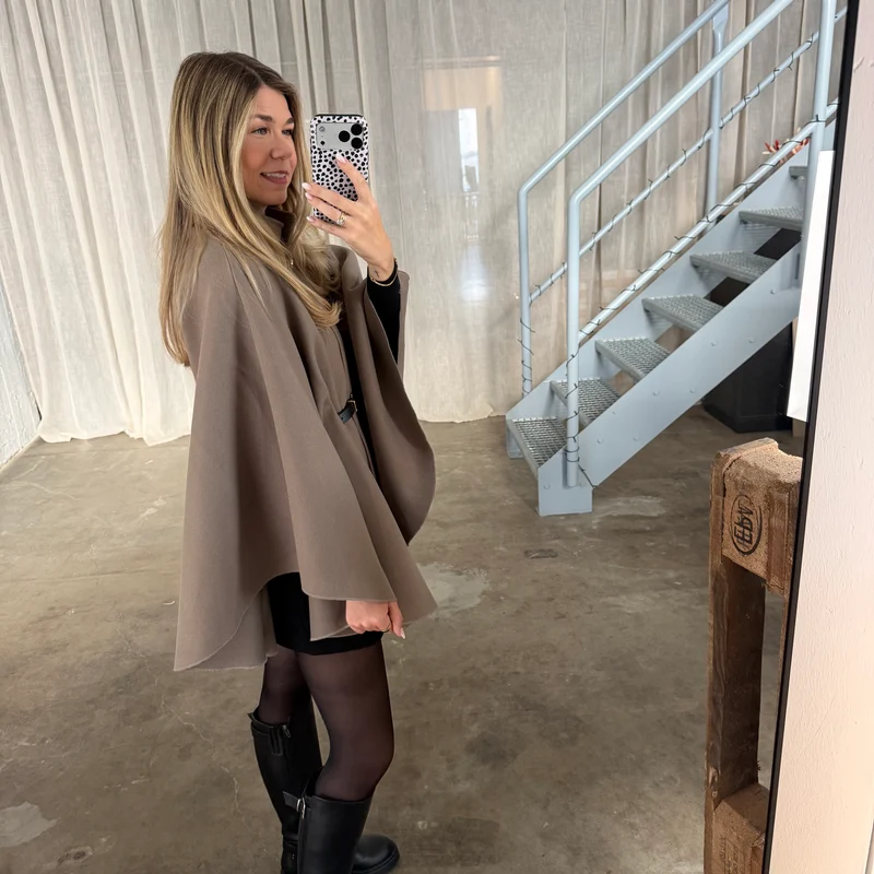 Langarm Poncho De Luxe - Taupe (inkl. Gürtel)
