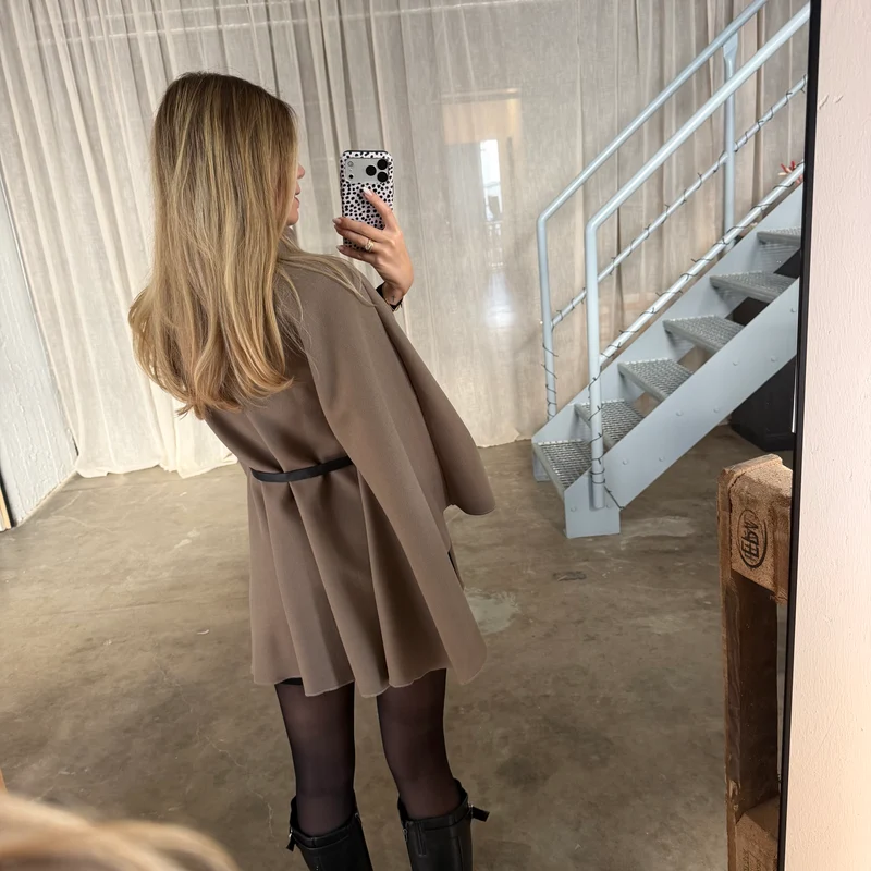 Langarm Poncho De Luxe - Taupe (inkl. Gürtel)