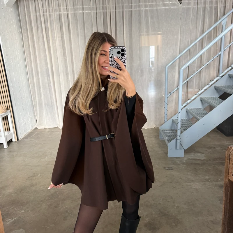 Langarm Poncho De Luxe - Espresso (inkl. Gürtel)