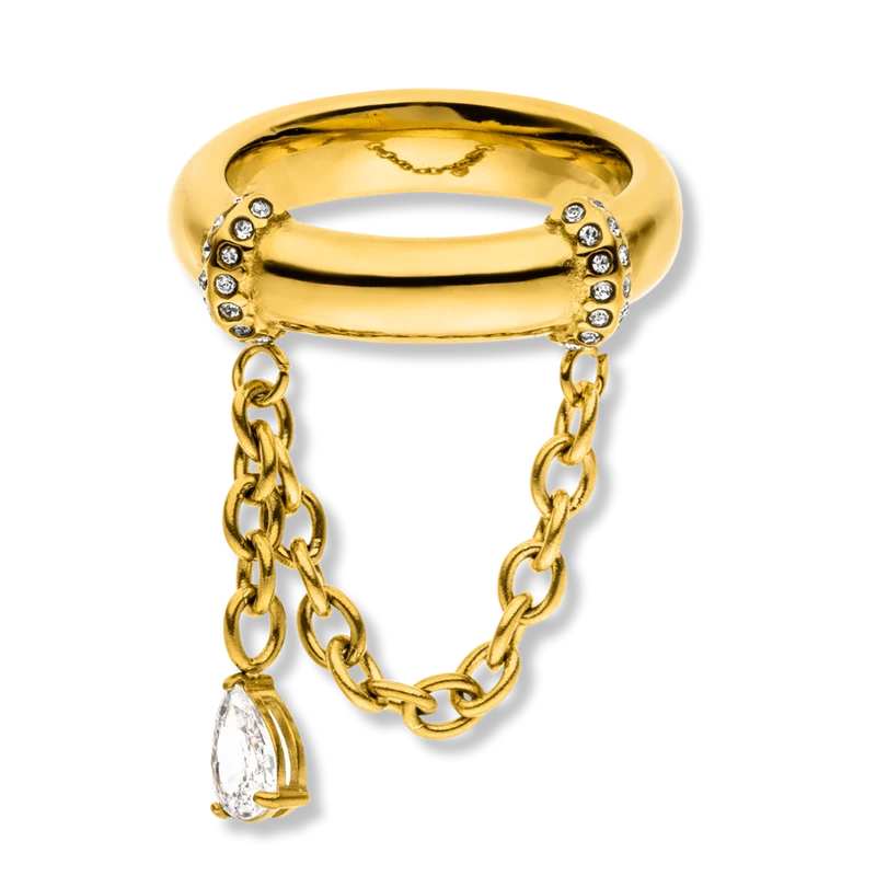 Pave Teardrop Chained Ring 14K Vergoldet
