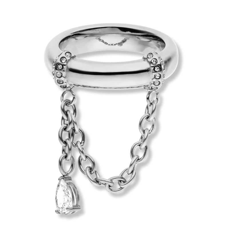 Pave Teardrop Chained Ring 14K Vergoldet