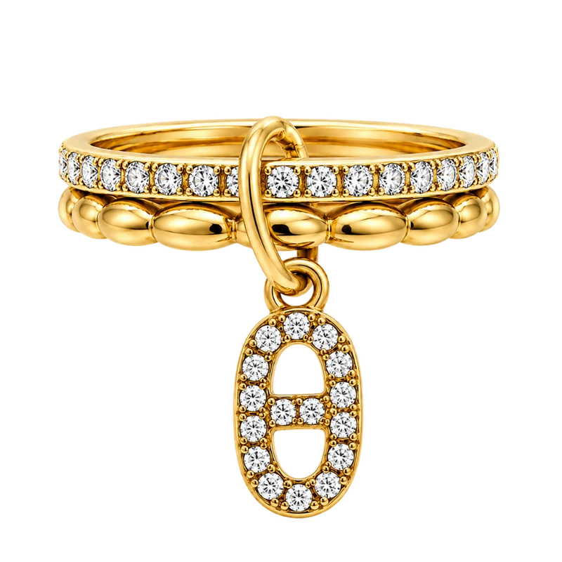 Double Dangling Pave Deluxe Ring 14K Vergoldet