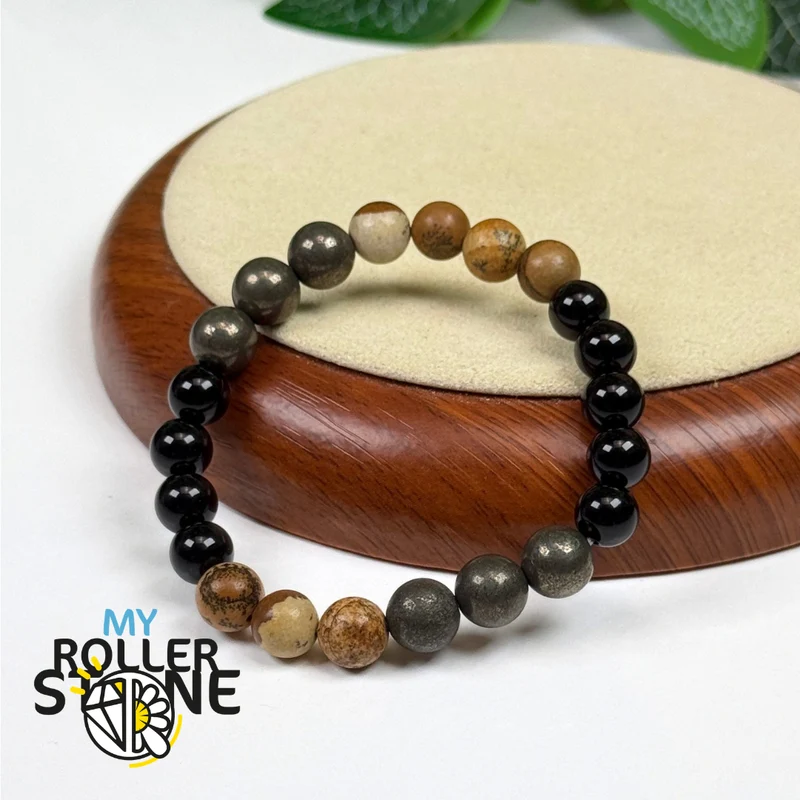 Lebensweg-Armband 22 – Schwarzer Onyx, Landschaftsjaspis & Pyrit
