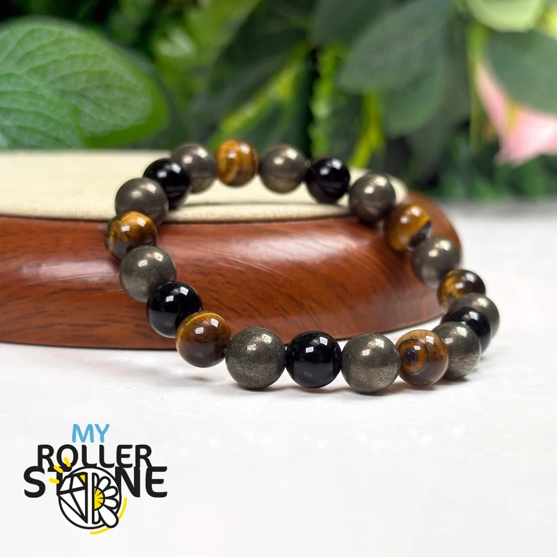 Lebensweg-Armband 8 – Pyrit, Tigerauge & Schwarzer Obsidian