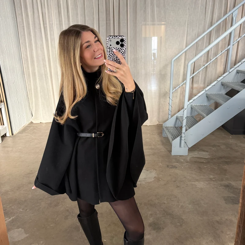 Langarm Poncho De Luxe - Schwarz (inkl. Gürtel)
