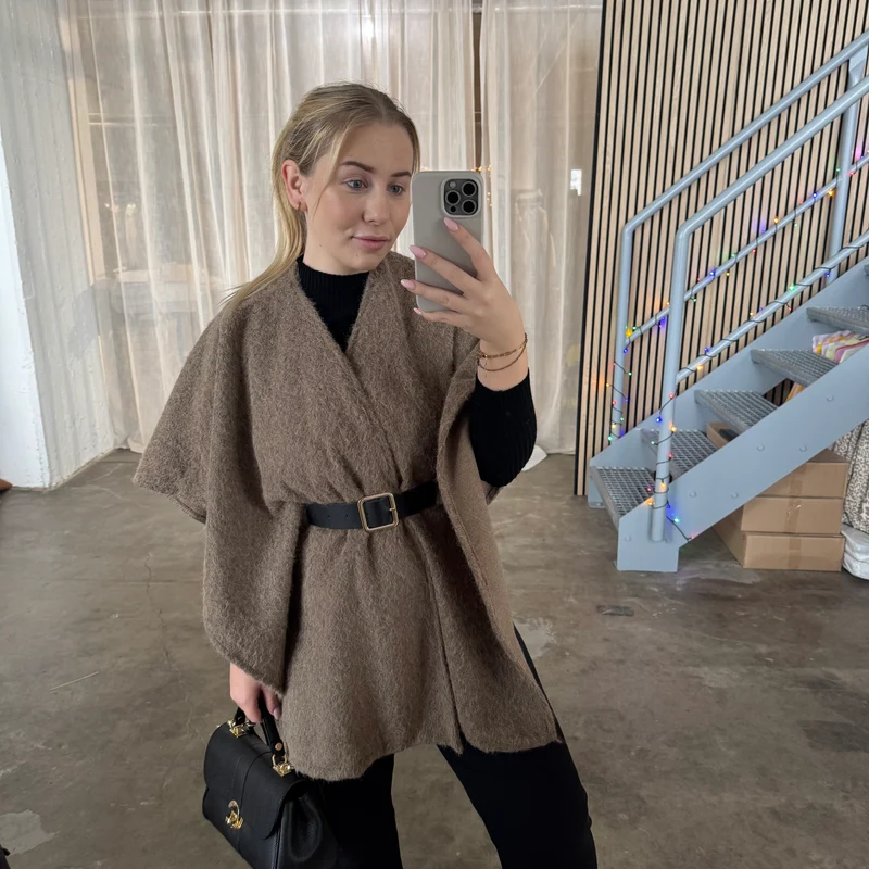 Kurzarm Filz-Poncho - Taupe (inkl. Gürtel)
