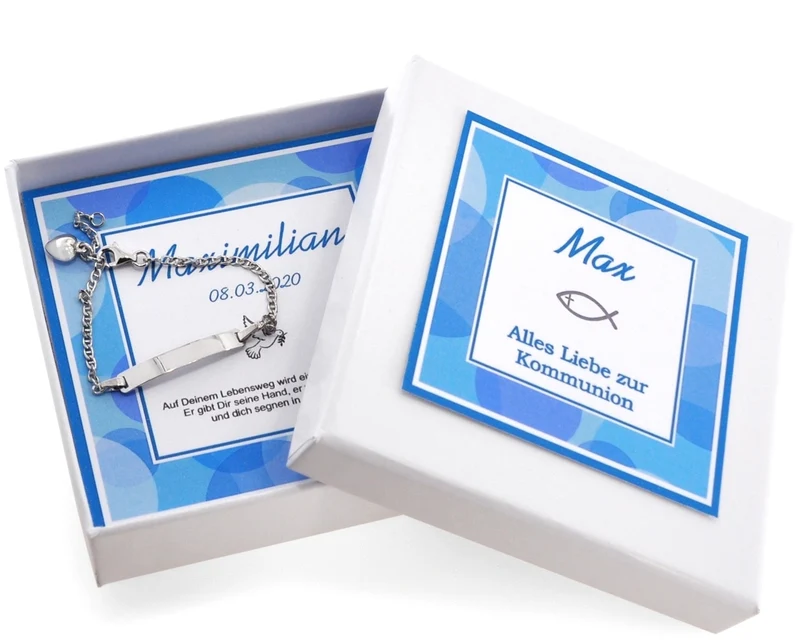 Armband mit Gravur Kommunion Schmuck mit Herz Geschenkschachtel mit Spruch