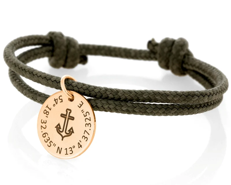 Armband khaki Gravur verstellbar Anhänger Anker Koordinaten rosé gold
