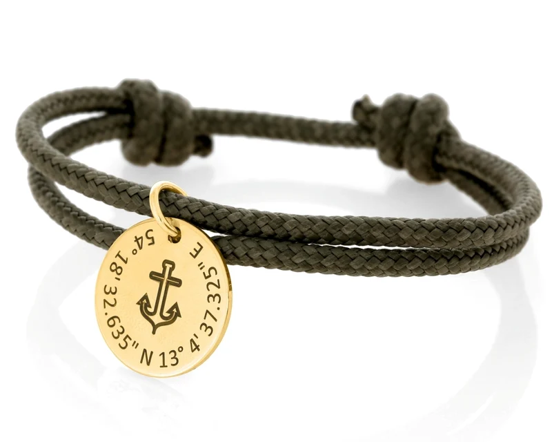 Anker Armband khaki Gold Schmuck Gravur online Koordinatenschmuck