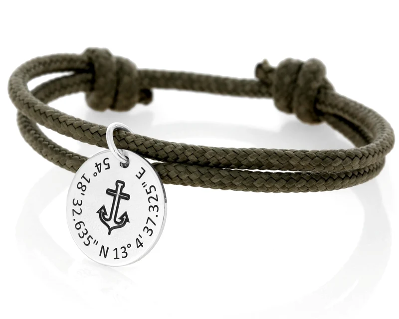 Armband khaki mit Koordinaten Gravur Anhänger Anker Schmuck 925 Silber Armbänder