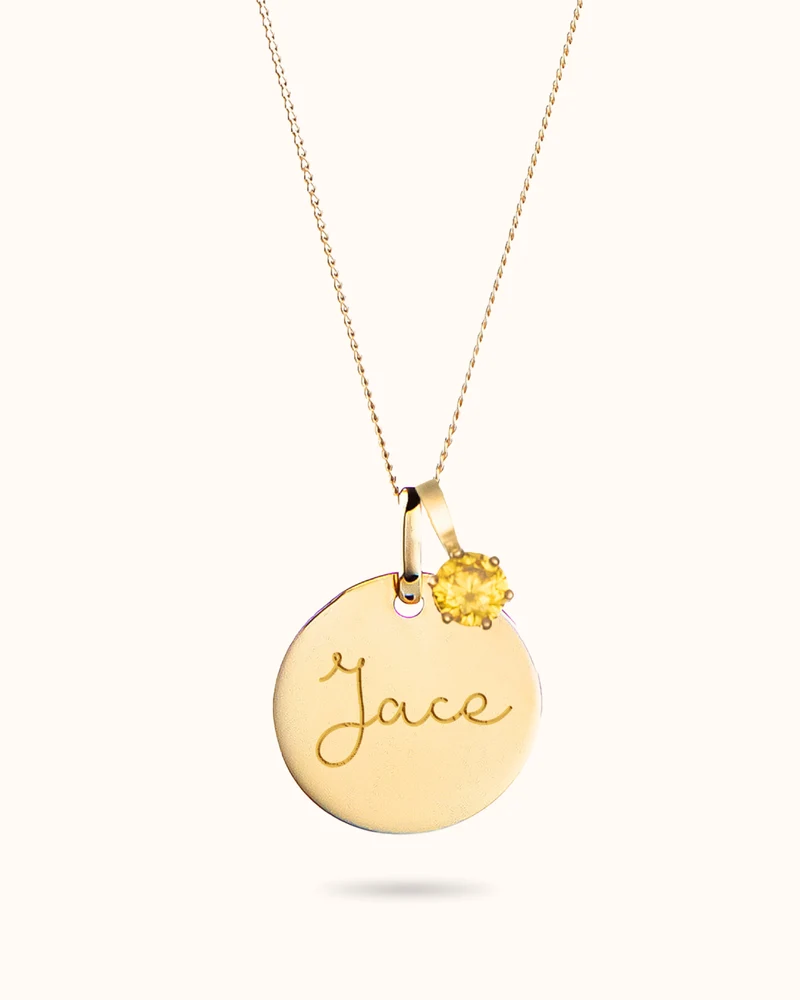 9k Geboortesteen Coin Ketting met naam - Gepersonaliseerde Ketting - 14mm