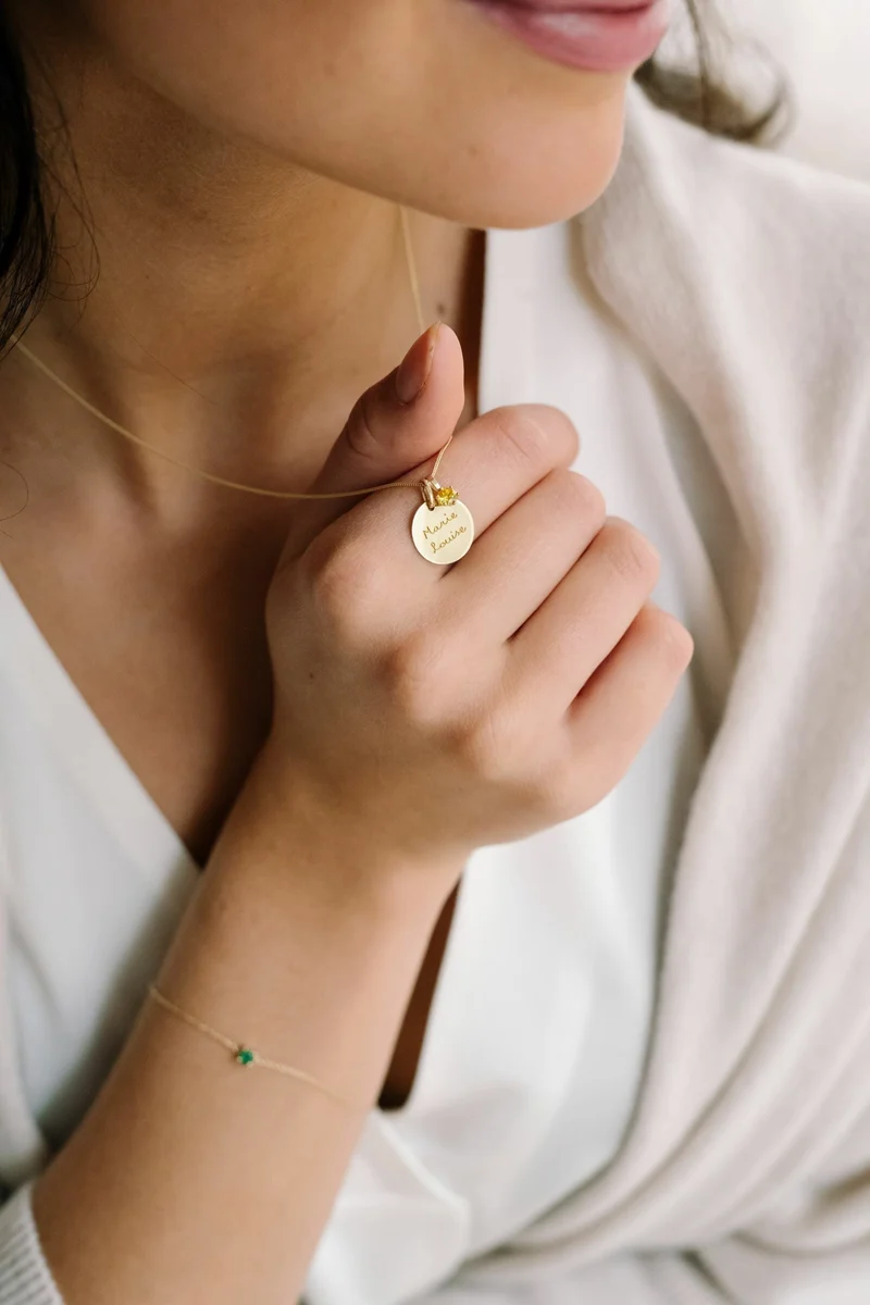 9k Geboortesteen Coin Ketting met naam - Gepersonaliseerde Ketting - 14mm