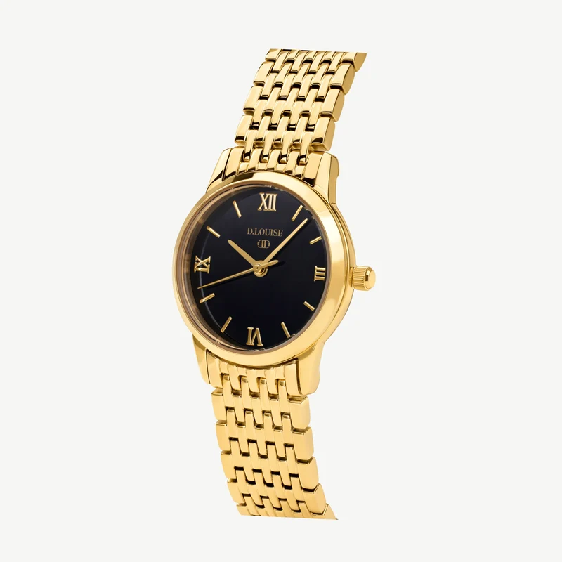Classic Link Round Gold Watch With Black Dial