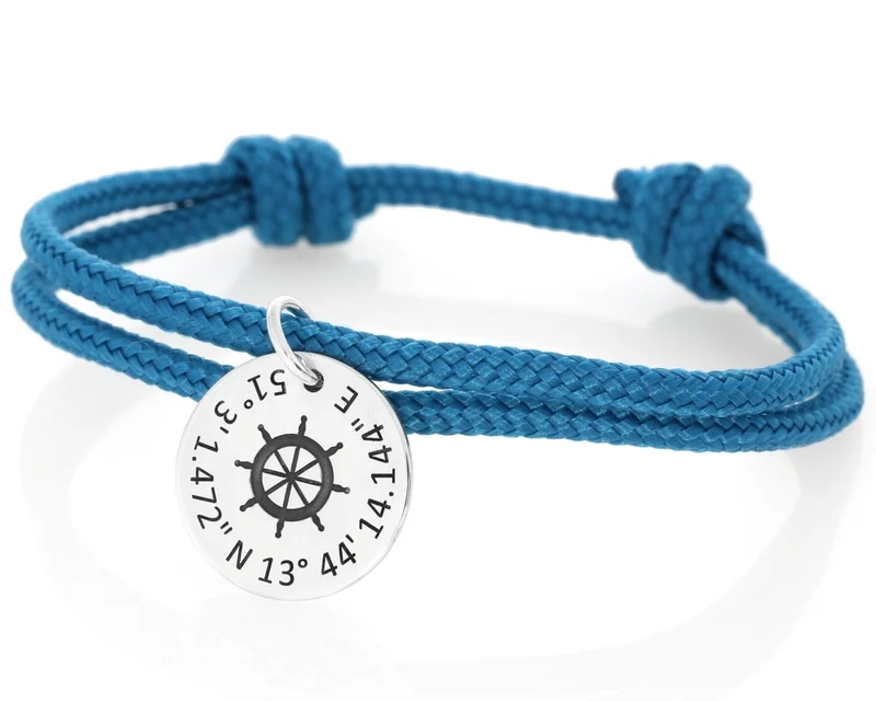 Armband blau Steuerrad maritimes Segelseil mit Gravur