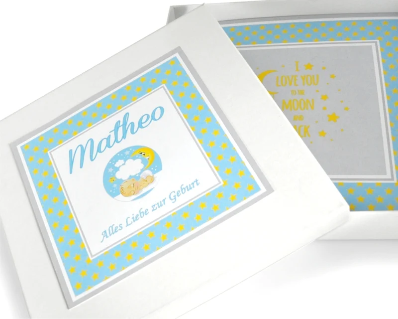 Geschenk Box zur Geburt Baby Präsent Schachtel Taufe personalisiert Erinnerungsbox Junge Mädchen