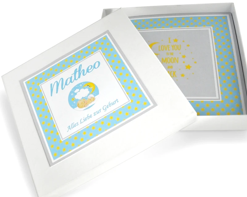 Geschenk Box zur Geburt Baby Präsent Schachtel Taufe personalisiert Erinnerungsbox Junge Mädchen