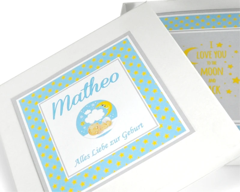 Geschenk Box zur Geburt Baby Präsent Schachtel Taufe personalisiert Erinnerungsbox Junge Mädchen
