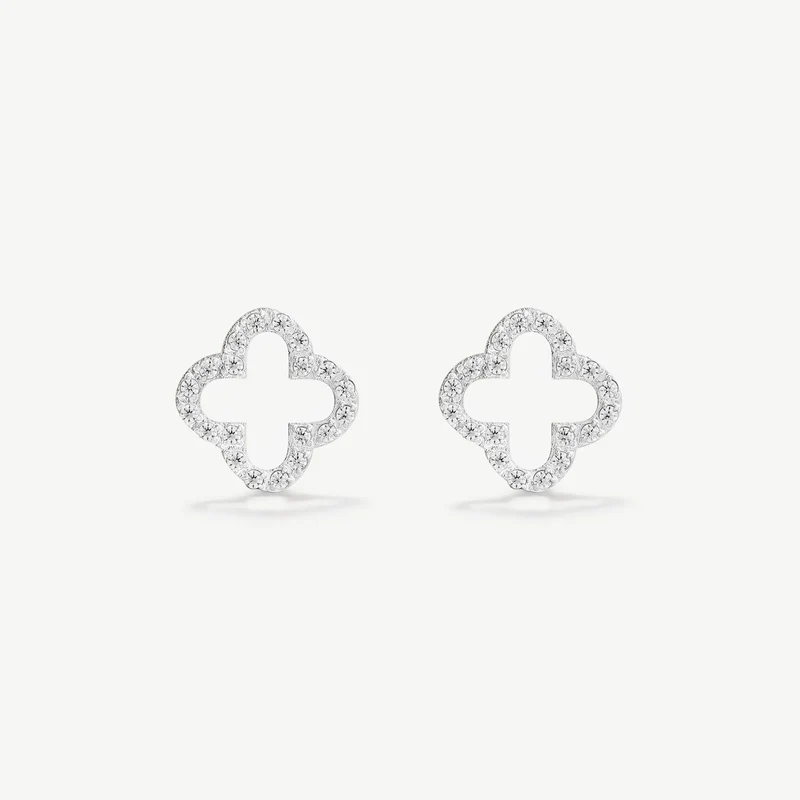 Silver Pave Clover Stud Earrings