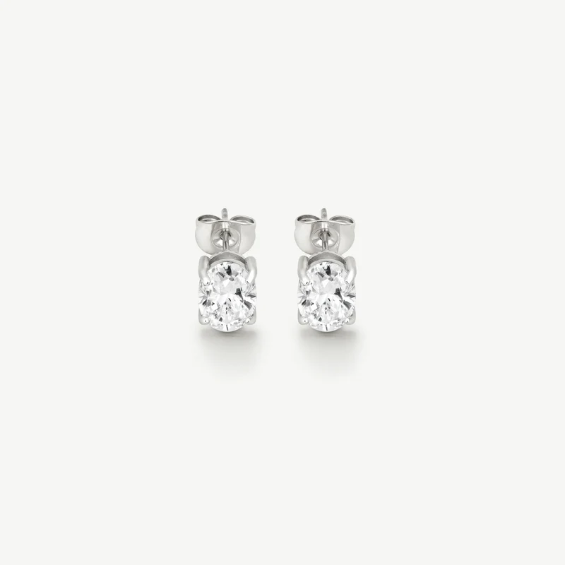 Silver Classic Oval Solitaire Stud Earrings